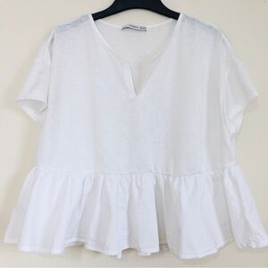 Mango Y2K Boho Oversize White Peplum Ruffle Hem Cropped Short Sleeve Preppy Top